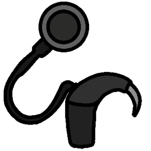 a black right facing external hardware of a cochlear implant.